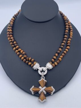 Judith Ripka 925 Sterling Silver Tiger’s Eye 2-Strand Necklace & Cross Enhancer